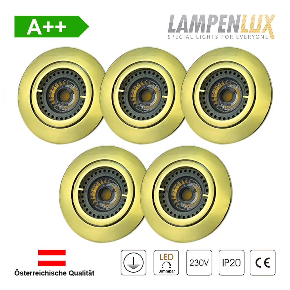 Lampenlux LED Einbaustrahler schwenkbar ultra flach Deckeneinbaustrahler Spot dimmbar Warmweiß 3000K IP20 (Gold glänzend, 5er Set)